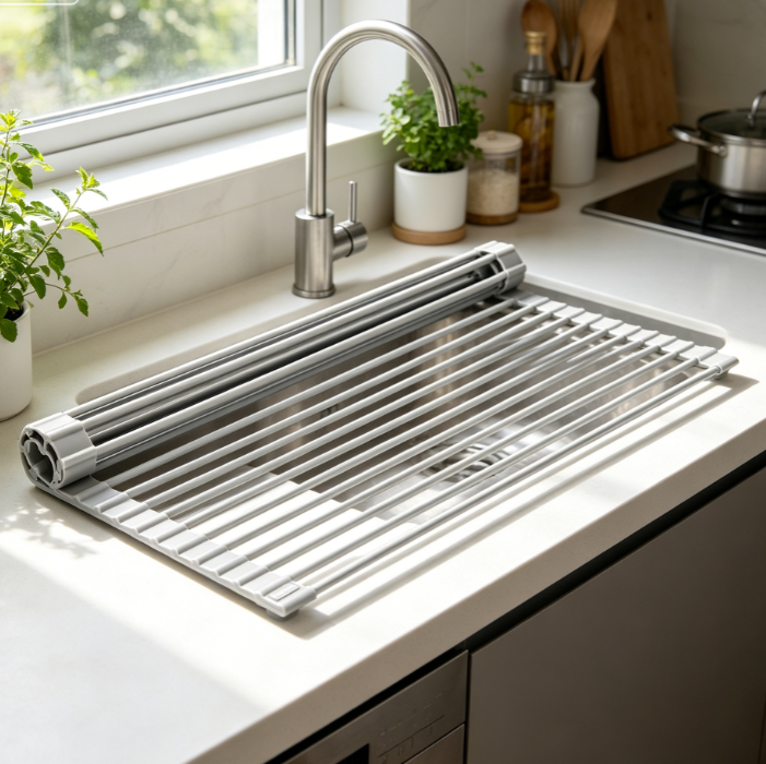 Warm Grey Silicone Roll Up Over Sink Dish Rack